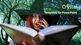  Presentation with magic book - Presentation theme having witch with open magic book background and a ocean colored foreground
