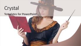  Presentation with book - PPT theme having witch with wand and book isolated on white background and a light gray colored foreground