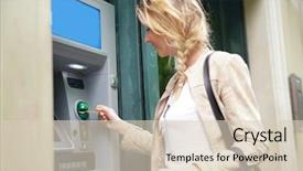  Presentation with atm machine - Theme with withdraw - woman in city center withdrawing background and a lemonade colored foreground
