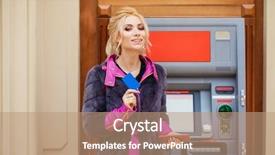  Presentation with atm - Theme with withdraw - young happy blonde woman background and a coral colored foreground