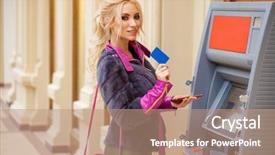  Presentation with credit card - PPT theme featuring withdraw - young happy blonde woman background and a coral colored foreground