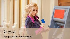  Presentation with atm - Cool new presentation with withdraw - young happy blonde woman backdrop and a soft green colored foreground