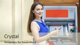  Presentation with atm - Theme having withdraw - young happy brunette woman withdrawing background and a soft green colored foreground