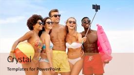  Presentation with mattress - Presentation design enhanced with witnessing - friendship summer holidays and people background and a coral colored foreground