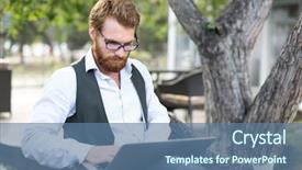  Presentation with ict modern laptop - Amazing slide deck having wits - bearded red-haired businessman sitting backdrop and a ocean colored foreground