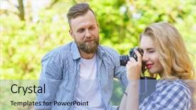  Presentation with man joined woman - Audience pleasing presentation theme consisting of wits - man and woman having date backdrop and a light blue colored foreground
