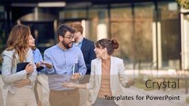  Presentation with female - Audience pleasing presentation design consisting of witty-businessman-making-female-colleagues backdrop and a coral colored foreground