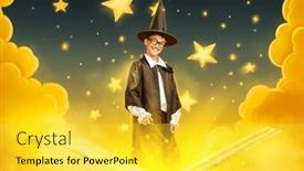  Presentation with magic wand - Presentation theme with wizard-boy-conjures and a yellow colored foreground
