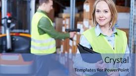  Presentation with iso 9001 quality management system - Presentation theme featuring wms - warehouse management system female worker background and a teal colored foreground