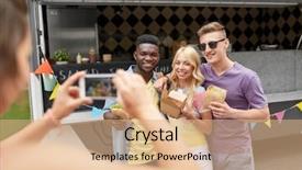  Presentation with food technology - Cool new slides with leisure technology and people concept - young woman taking picture of her happy friends eating hamburgers and wok at food truck backdrop and a coral colored foreground