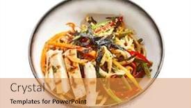  Presentation with food chicken - PPT theme consisting of wok-udon-with-vegetables background and a gold colored foreground