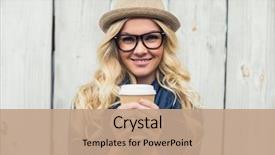  Presentation with cheerful - PPT theme enhanced with woman - cheerful fashionable blonde holding coffee background and a coral colored foreground