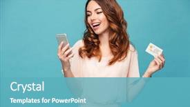  Presentation with mobile phone on car - Cool new PPT theme with woman - image of excited young lady backdrop and a teal colored foreground