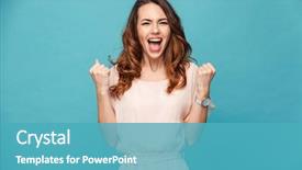  Presentation with lady - Theme featuring woman - image of excited young lady background and a teal colored foreground