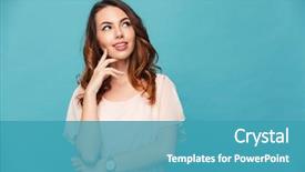  Presentation with thinking - Beautiful PPT theme featuring woman - image of thinking young lady backdrop and a teal colored foreground