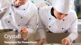  Presentation with dining restaurant - Cool new PPT theme with woman - in hotel or restaurant backdrop and a coral colored foreground