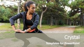  Presentation with well - Colorful PPT theme enhanced with portrait of well-built african american woman 20s wearing black tracksuit doing exercises and stretching her legs in green park backdrop and a gray colored foreground
