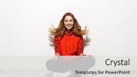  Presentation with photo - Slide deck featuring woman 20s wearing casual cloth background and a light gray colored foreground