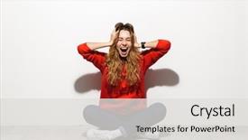  Presentation with magnifying lens over - Amazing slide deck having woman 20s wearing casual cloth backdrop and a  colored foreground