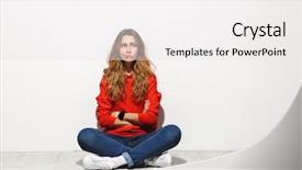  Presentation with magnifying lens over - PPT theme consisting of woman 20s wearing casual cloth background and a  colored foreground