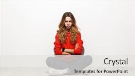  Presentation with upset - Beautiful PPT theme featuring woman 20s wearing casual cloth backdrop and a  colored foreground