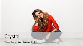  Presentation with magnifying lens over - Theme featuring woman 20s wearing casual cloth background and a  colored foreground