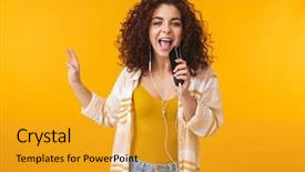  Presentation with teal and yellow music - PPT theme consisting of woman 20s wearing earphones sing background and a gold colored foreground