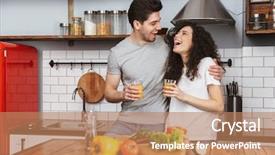  Presentation with optimistic - Beautiful presentation design featuring woman 30s cooking salat backdrop and a coral colored foreground