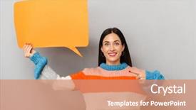  Presentation with gray - Beautiful theme featuring woman 30s holding blank placard backdrop and a coral colored foreground