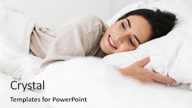  Presentation with white coloured lines - Amazing theme having woman 30s smiling while lying backdrop and a white colored foreground