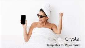  Presentation with bed hotel - Slide set consisting of woman 30s wearing sunglasses wrapped background and a  colored foreground