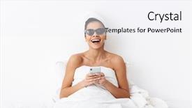  Presentation with bed hotel - Beautiful slide deck featuring woman 30s wearing sunglasses wrapped backdrop and a  colored foreground