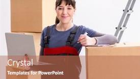  Presentation with order - Presentation design enhanced with woman accepting relocation order from internet background and a coral colored foreground