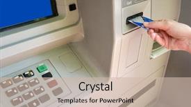  Presentation with atm machine - Cool new PPT theme with woman accessing automatic teller machine backdrop and a soft green colored foreground