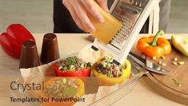  Presentation with quinoa - Colorful PPT layouts enhanced with woman adding cheese to quinoa stuffed peppers in kitchen backdrop and a gold colored foreground