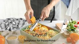  Presentation with quinoa - Slide deck with woman adding cheese to quinoa stuffed peppers in kitchen background and a yellow colored foreground