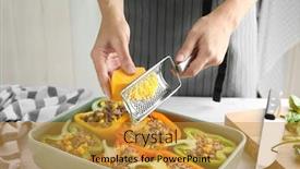  Presentation with quinoa - Theme enhanced with woman adding cheese to quinoa stuffed peppers in kitchen background and a gold colored foreground