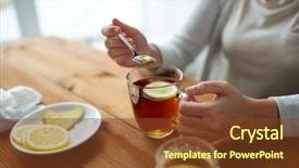  Presentation with healthy eating - Presentation theme featuring woman adding honey to tea background and a tawny brown colored foreground