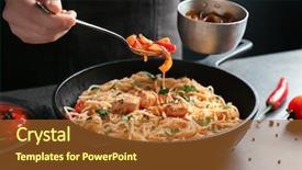  Presentation with spaghetti - Cool new slide deck with woman adding sauce to chicken backdrop and a red colored foreground