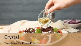  Presentation with salad - Beautiful slide deck featuring woman adding tasty apple vinegar backdrop and a coral colored foreground