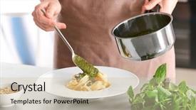  Presentation with soya sauce - Theme consisting of woman adding tasty pesto sauce background and a soft green colored foreground