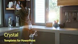  Presentation with books - Audience pleasing presentation theme consisting of woman adjusting books on shelf backdrop and a tawny brown colored foreground