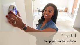  Presentation with digital - Presentation theme having woman-adjusting-digital-central-heating background and a soft green colored foreground