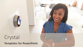  Presentation with smart home - Amazing PPT theme having woman-adjusting-digital-central-heating backdrop and a lemonade colored foreground