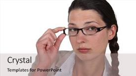 Presentation with glasses - PPT theme with woman-adjusting-her-glasses background and a coral colored foreground