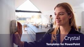  Presentation with digital - Beautiful slides featuring woman-adjusting-wall-mounted-digital backdrop and a navy blue colored foreground