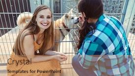  Presentation with pet shelter - Presentation featuring woman adopting a dog in the animal shelter eagerly waiting for the new pet background and a coral colored foreground