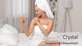  Presentation with oil and gas - Theme having woman after bath applying body background and a soft green colored foreground