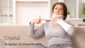  Presentation with car accident - Presentation theme featuring woman after car accident suffering at home background and a soft green colored foreground