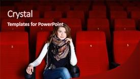  Presentation with movie cinema or theater audience - Colorful theme enhanced with woman alone - young girl sitting in cinema backdrop and a wine colored foreground